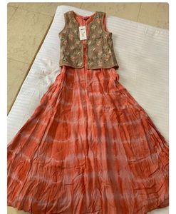 Ethnic Orange Dress with Embroidered Vest