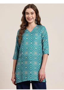 Teal Geometric Print V-Neck Kurta