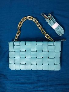 Light Blue Woven Clutch with Gold Chain
