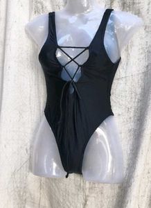 New Women's Black Lace-Up One-Piece Swimsuit