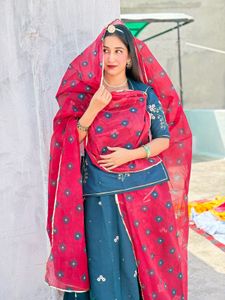 Elegant Teal Kurta Set with Red Dupatta