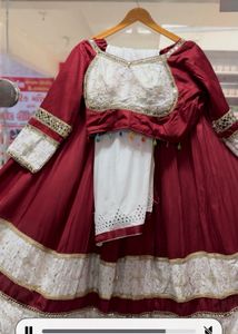 Maroon &amp; White Embroidered Lehenga Choli