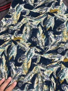 Navy Blue Leaf Print Straight Kurti