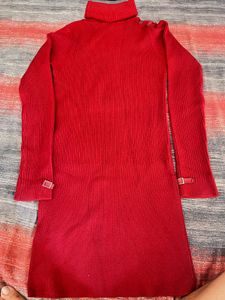Red Turtleneck Ribbed Knit Dress