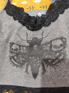 Grey Moth Skull Lace Trim Cami Top