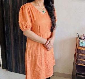 Orange Puff Sleeve V-Neck Dress