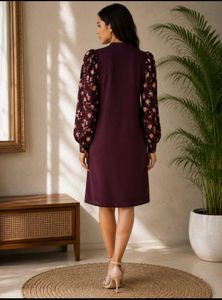 Elegant Burgundy Dress with Floral Sleeves
