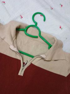 Retro Style Color Block Zip Polo Top