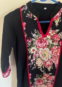 Mid- length Black Kurta with Floral Print