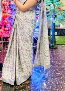 Saree With Grey Silver Tone And Stitched Blouse