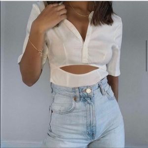 Zara White Linen-Blend Cutout Button-Up Bodysuit