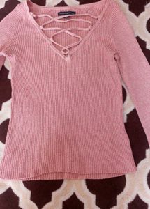 Pink Bell Sleeve Lace-Up Top