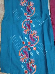 New Teal &amp; Red Embroidered Kurti Pant Set