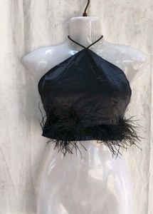 Satin Halter Top with Feather Trim
