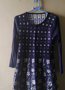 Navy Blue Floral Print Knit Dress