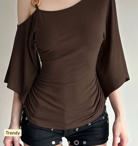 Brown Ruched One-Shoulder Top size M