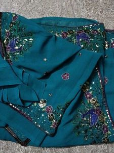 Exquisite Teal Saree with Peacock Embroidery