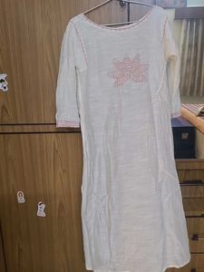 White Kurta with Red Floral Embroidery
