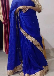 Royal Blue Saree With Golden Border(Without Blouse
