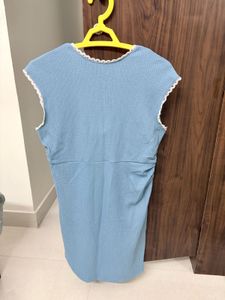 Light Blue Textured Dress with Lace Trim
