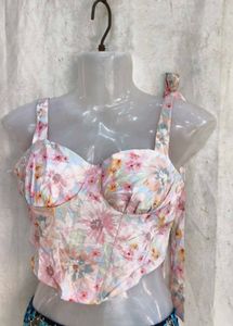 I. Floral Corset Top with Blue Lace Detail