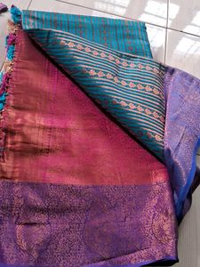 Beautiful Teal &amp; Blue Striped Saree With blouse