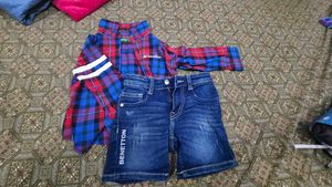 Benetton Plaid Shirt & Denim Shorts Set