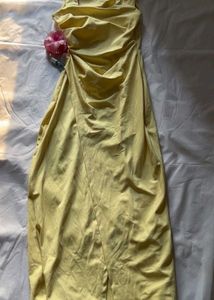 yellow draped square neck dress
