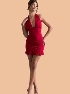 Red Halter Neck Ruched Mini Dress