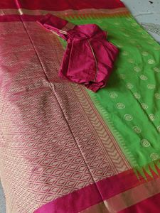 Parrot green Cotton silk Saree with Blouse