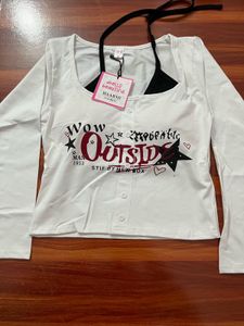 White Graphic Long Sleeve Crop Top