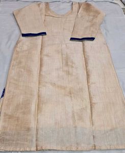 Beige &amp; Royal Blue Embroidered Raw Silk Kurti Set