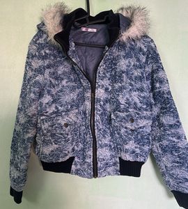 Blue Textured Bomber Jacket with Faux Fur Hood