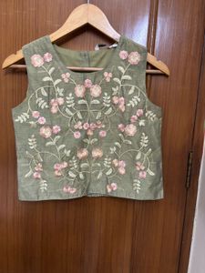 Olive Embroidered Silk Blouse/ Top