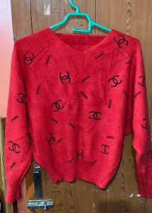 Red Chanel Printed Knit Sweater