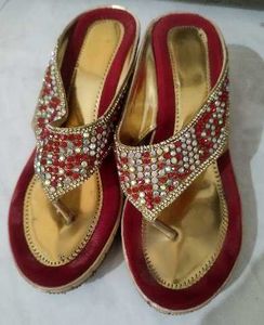 Embellished Red & Gold Flat Sandals