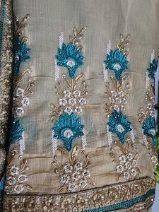 Embroidered Beige & Teal Indian Dress