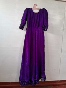 Elegant Purple Brocade Gown with Gold Accents
