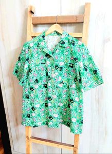 Vibrant Green Short Sleeve Button-Up Shirt Size-38
