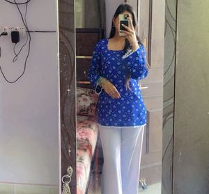 Stylish Blue Printed Kurta with White Pants