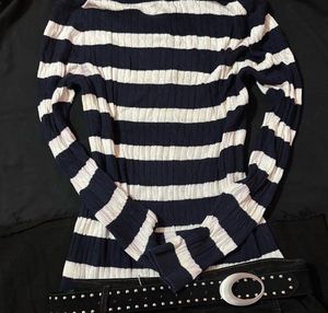 Navy &amp; White Striped V-Neck Sweater