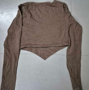Brown Long Sleeve V-Neck Crop Top