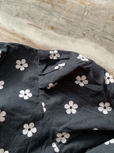 Black Floral Print Button-Up Top