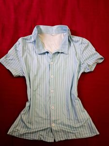 Light Blue Striped Button-Up y2k Shirt