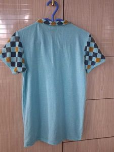 Men's Blue Polo Shirt with Checkerboard Sleeves