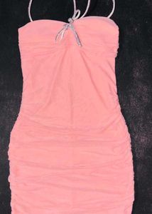 Peach ruched bodycon dress with sparkling ringston