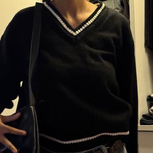 Black V-Neck Striped Sweater