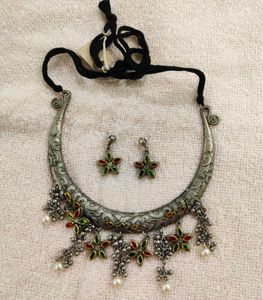 Oxidized Silver Hasli & Earring Set