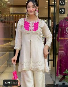 Elegant White Kurta Set with Pink Embellishments