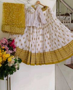 Elegant White &amp; Gold Lehenga Set